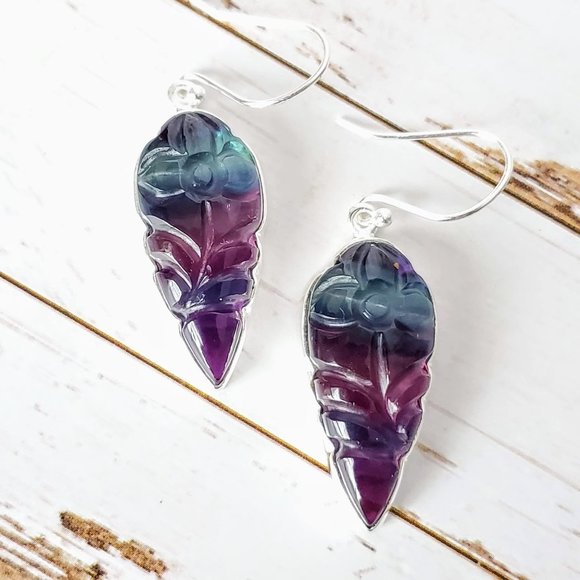 Carved Fluorite Sterling Earrings - Picture 5 of 6